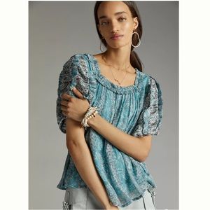 Anthropologie Let Me Be Teal Pintucked Chiffon Blouse, Size Medium